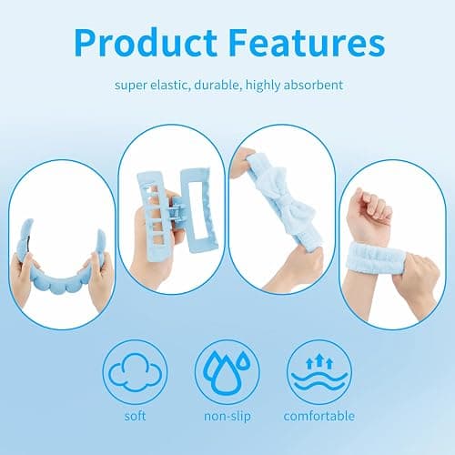 Canitor Spa Headband Wrist Bands Hair Clips Set Skincare Makeup Self Skin Care for Women Washing Face College Grandkids Clean Girl Gifts Cute Trendy Stuff Aesthetic Things Blue Stocking Stuffers thumbnail 7