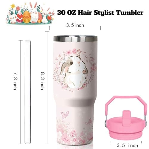 30oz Bunny Tumbler with Handle and Flip Straw, Rabbit Stainless Steel Vacuum Insulated Cup, Travel Mug Water Bottle, Easter Gifts for Women Bunny Lovers thumbnail 3