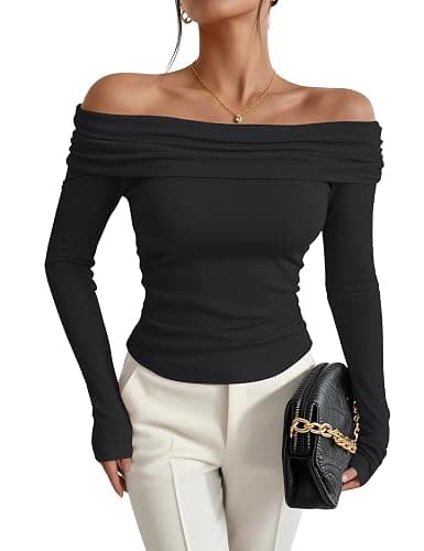 Women's Sexy Off Shoulder Tops Dressy Casual Slim Fit Long Sleeves Spring Fall Blouse Going Out Nightout Shirt(Black,XL) - Large - Black - Image 1