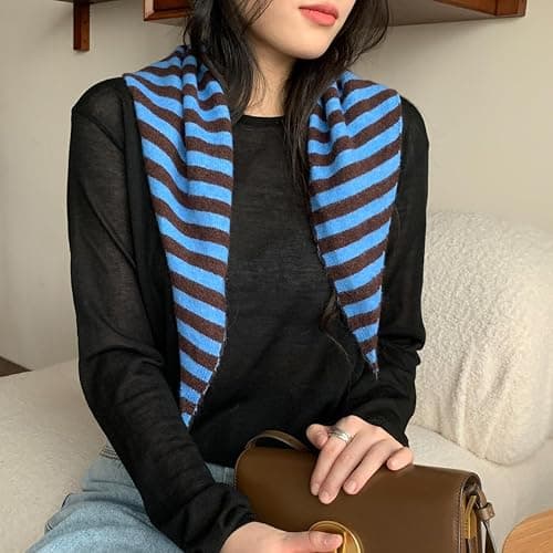 Knitted Striped Triangular Scarf Women Headscarf Wool Knitted Shawl and Wraps Neck Scarves for Women Multi-Functional Warm Ladies Versatile Scarves Headscarf Autumn Winter thumbnail 4