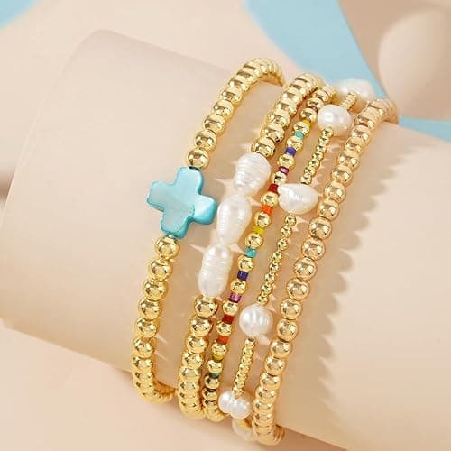 SHINUS BOHO 14K Gold Pearl Beaded Cross Bracelets Stack Set for Women,Stretch Boho Colorful Christian Beads Ball Jewelry Trendy Gift thumbnail 5