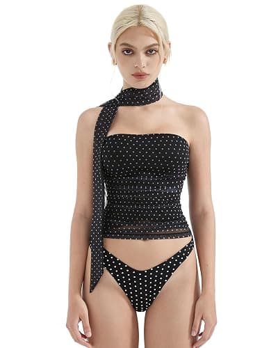 SUUKSESS Women Ruched Strapless Mesh Tube Top Y2k Sleeveless Bandeau Tank Tops with Scarf 2025 - Image 1