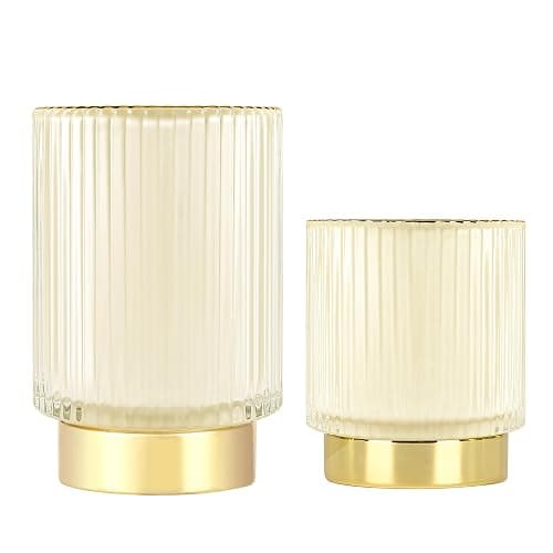 DASITON Makeup Brush holder Organizer,Crystal Cosmetic Makeup Brush Glass Brushes Storage Holder, Vintage Make Up Brush Cup Pen Pencil Holder striped vase(Cream S+L) - Image 1