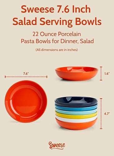 Sweese 22oz Porcelain Pasta Bowls Set - 7.6" Salad Serving Dishes, Microwave Dishwasher Safe, Set of 6, Vibrant Colors thumbnail 2