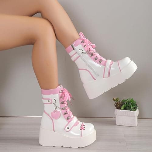 UOQAPRE Women's High Heel Combat Boots Square Toe Lace Up Ankle Booties Fashion Wedge Chunky Platform Boots Zipper Bootie Shoes thumbnail 3