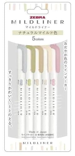 Zebra Line Marker, Thick & Fine Water Based Pigment, Mildliner, Natural Mild Colors, 5 Colors WKT7-5C-NTC - Image 1