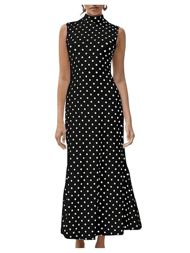 Milumia Women's Polka Dots Maxi Tank Dress Vintage Mock Neck Sleeveless Elegant Long Dresses - Image 1