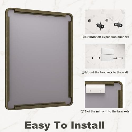 VANLIO 22x30 Inch Bronze Framed Bathroom Mirror, Brushed Bronze Metal Vanity Mirror, Bronze Rectangle Mirror, Rounded Corner, Tempered Glass, Anti-Rust, Shatterproof (Horizontal/Vertical) thumbnail 6