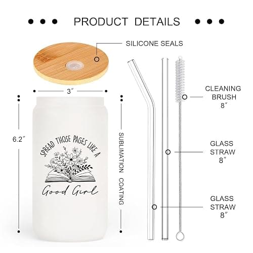 SteadStyle Book Lovers Gifts for Girl -16oz Glass Cups with Lid & Straw, Birthday Presents for Bookish, Funny Gift Readers Librarian Bookworm Reading Accessories & Book Club Gifts thumbnail 3