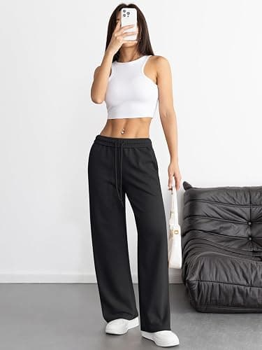 ATHMILE Women's Wide Leg Sweatpants High Waisted Baggy Interior Drawstring Joggers Straight Leg Sweat Pants with Pockets thumbnail 4