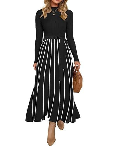 ZESICA Womens 2025 Fall Turtleneck Long Sleeve Sweater Dress Tie Waist Casual Loose Ribbed Knit A Line Midi Dresses - Image 1