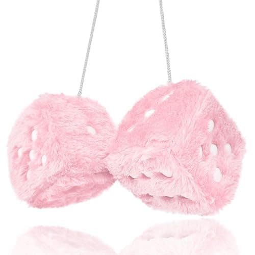 Fuzzy Plush Dice for Car Mirror, Pair of Retro 3” Light Pink Dice with White Dots for Car Interior Hanging Ornament Decoration (Light Pink) - Image 1
