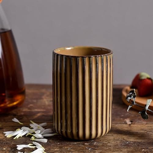 TOPYOKK Stoneware Coffee Bar Utensil Holder Tea & Coffee Spoon & Stirrer Holder for Stir Stick Straw Teaspoon Holder Spoon Cup Small Utensil Jar Fluted Vertical Stripe (Rustic Brown) thumbnail 8