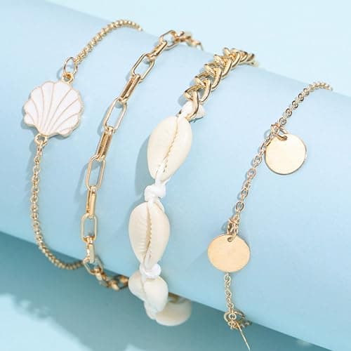 Rrdaily 4 Pcs Natural White Shell Anklet Set for Women,Handmade Adjustable Conch Anklet Set Beach Jewelry Gift thumbnail 5
