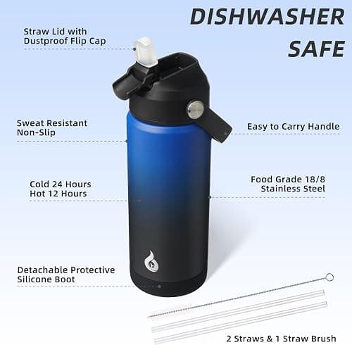 BJPKPK Insulated Water Bottle with Straw Lid, 18oz Thermo Water Bottles, Flex Handle & Non-slip Boot, BPA Free Leak Proof Stainless Steel Metal Thermo, Tumblers, Cups,Black Blue thumbnail 5
