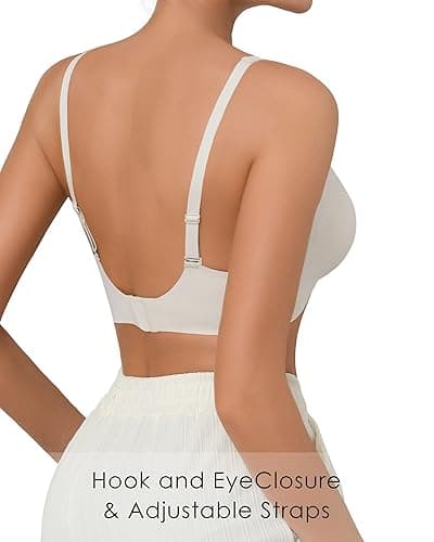 SHARICCA Pro Seamless Bra for Women Deep V Neck Wirefree Bra Adjustable Strap Comfort Sleep Bra Removable Padded Bralette - White - Small thumbnail 4