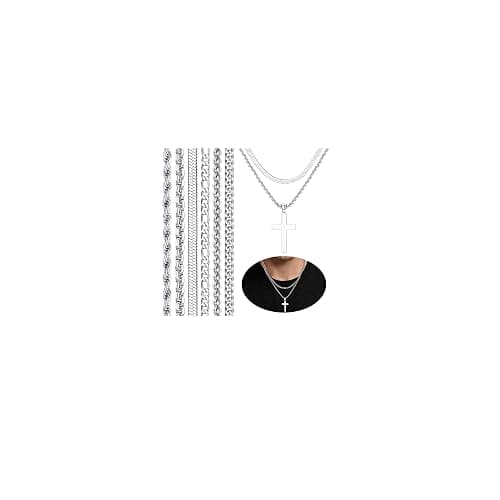LOYALLOOK 6PCS Silver Chain for Men Women Stainless Steel Cross Chain Layered Cuban Link Figaro Snake Box Chain Cross Pendant Necklace 18-20IN/20-22IN - Image 1