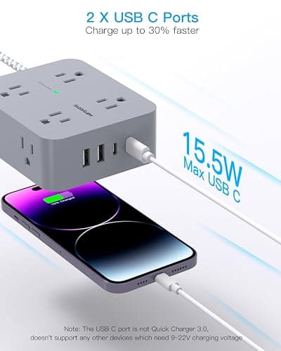 Power Strip with USB C Ports(2 USB C), HANYCONY 8 Outlets Surge Protector with 5 Ft Extension Cord, Flat Plug Wall Mount, Desk Charging Station for Home Office, ETL Listed Gray thumbnail 5