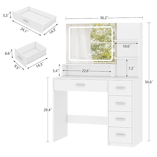 Quimoo Makeup Vanity Desk with LIighted Mirror, Vanity Desk with 5 Drawers & Storage Shelves, Vanity Table, 3 Color Modes & Adjustable Brightness Dressing Table, Bedroom thumbnail 2