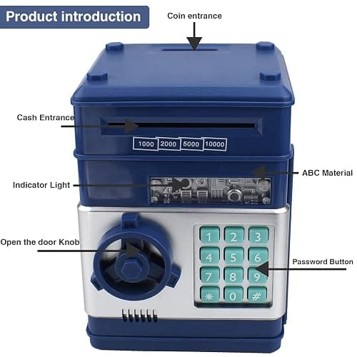 HUSAN Great Gift Toy for Kids Code Electronic Piggy Banks Mini ATM Electronic Coin Bank Box for Children Password Lock case (Grey Blue) thumbnail 4