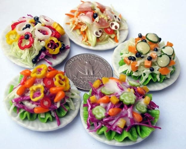 5 Assorted Salad with Plate for Dollhouse Miniature Food 1:6 Scale Realistic Clay Food for Dollhouses, Doll Accessories (A) - A thumbnail 4