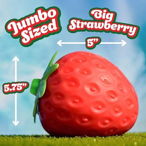 Sunny Days Entertainment Strawberry Squishy - Jumbo Stress Ball - Ages 3+ | Thermoplastic Rubber TPR, 5.75 x 5 x 5 in, Extra Large Size, Red Color, Fruit Theme, 0.9 lb Weight, Small Parts Warning thumbnail 3