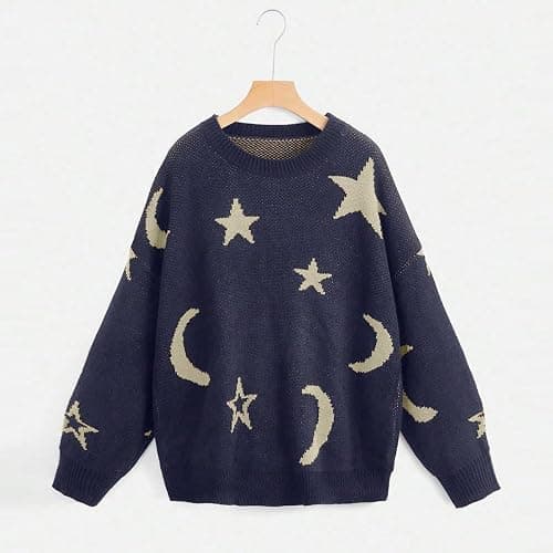 WDIRARA Women's Star Moon Print Long Sleeve Sweater Round Neck Pullover Top | Knitted,Comfortable, Soft,Cute thumbnail 5