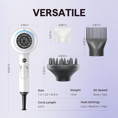 Wavytalk Hair Dryer, Blown Away Ionic Hair Dryer for Curly Hair with Diffuser, 1875W Fast Drying Blow Dryer with Ceramic Technology, 3 Attachments for All Hair Types, Light and Quiet, White thumbnail 7