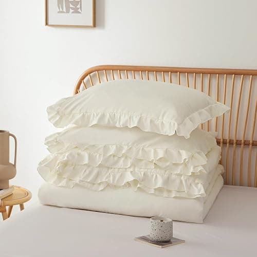 JANZAA Full Comforter Set Creamy White Ruffle Comforter with 2 Pillowcase Soft Full Size Bed Set Vintage Farmhouse Bed Comforter Set Fluffy Shabby Chic Bedding for All Season thumbnail 9