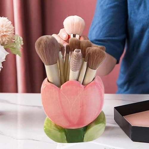 lyvantha Pink Pencil Holder,Ceramic Tulip Pen Holder, Multi-Purpose Makeup Brush, Aesthetic Office Vanity Kitchen Desktop Decor,Perfect Birthday Christmas Gift for Women Girls thumbnail 2