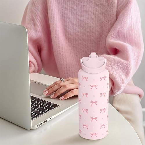 SANDJEST Pink Bow Water Bottle Stainless Steel Insulated Vacuum 32oz with Lid, Gifts for Women Girls Teens Birthday Christmas thumbnail 2