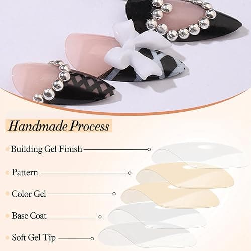 GlamRays 24 Stück Y2K Mittellange Almond Trage Press on Nails & False Nails, mit schwarzer breiter Französische Kanten, dekoriert mit Herzmuster und Legierungsperlen thumbnail 6