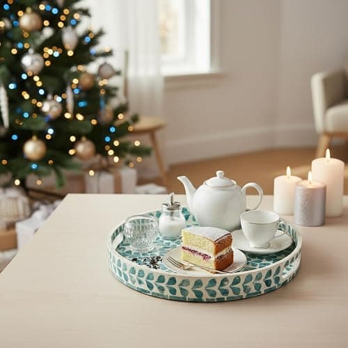 PEMAR 12.6” Mother of Pearl Round Serving Tray with Handles, Decorative Nacred Wooden Ottoman Coffee Table Tray (Teal Floral Pattern) thumbnail 2