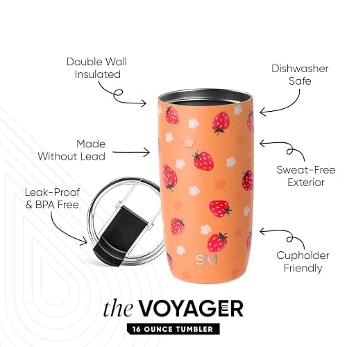 Simple Modern Voyager Tumbler with Flip Lid | Travel Coffee Mug | Insulated Stainless Steel Cold Brew Iced or Hot Coffee Cup | Gifts for Women Men Her Him | 16oz, Strawberry Fields thumbnail 3