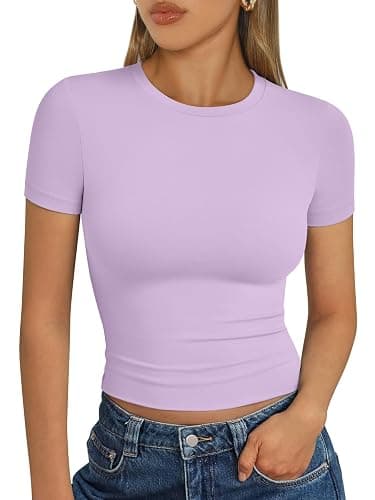 Trendy Queen Womens Short Sleeve T Shirts Summer Crop Tops Basic Slim Fit Gym Workout Y2k Clothes - Image 1