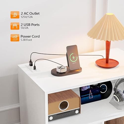 VINGLI Record Player Stand with Open Vinyl Storage, Mid-Century Album Storage Table with LED Light up to 300 Albums, Vinyl Record Player Shelf with Power Outlet for Living Room, White thumbnail 4