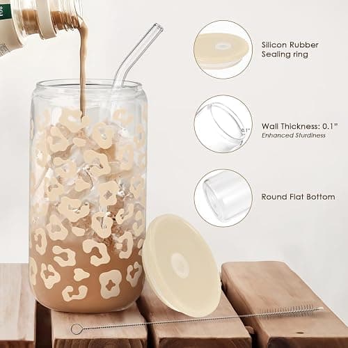 SANDJEST Leopard Glass Can, Beige Leopard Print Cup with Lid & Straw, Iced Coffee Aesthetic Cups, Gift for Christmas Birthday Mother Day, Gifts for Women, 16oz thumbnail 4