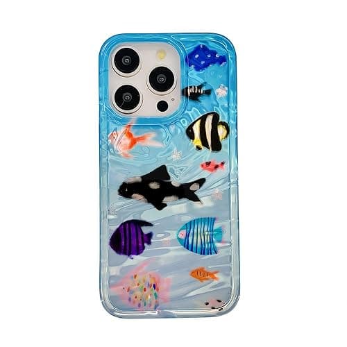 Casechics Compatible with iPhone Case,Cute Ocean Animals Aquaria Lovely Fishes Full Body Protection Soft Shockproof Cover Phone Case (Blue,iPhone 15) - Image 1