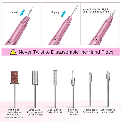 20000RPM Electric Nail Drill Professional Nail File Drill Acrylic Nails Kit for Manicure Gel Nail Polish Remover with 1 Pack of Sanding Bands(Pink) thumbnail 9