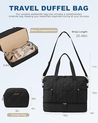 LOVEVOOK Travel Duffle Bag, Lightweight Weekender Bags for Women with Shoe Compartment, 40L Puffer Gym Bag Personal Item Travel Bag, Overnight Bags and Hospital Bag for Labor and Delivery, Black thumbnail 2