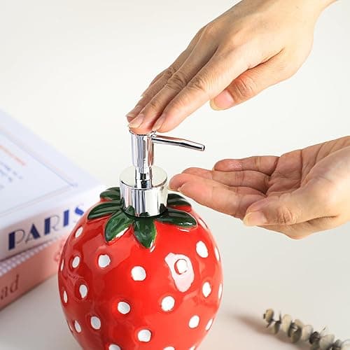 Colias Wing Fruit Shaped Soap Dispenser with Plastic Pump, Refillable Lotion Soap Bottle, Lotion Bottle, Hand Soap Dispenser, Home Decoration-Strawberry - Strawberry thumbnail 3