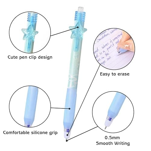 Valtiner 6 Pcs Retractable Erasable Gel Pens, 0.5mm Fine Tip Blue Ink Pens, Cute Eraser Pen Set, Quick Dry, Smooth Writing Pens for Journaling and Crossword Puzzles (Blue-Green) thumbnail 4
