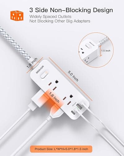 Power Strip Surge Protector, BESHON 5Ft Extension Cord, 6 Outlets with 4 USB Ports (2 USB C Outlet), 3-Side Outlet Extender, Wall Mount, Compact for Travel, Home, School, College Dorm Room and Office thumbnail 4