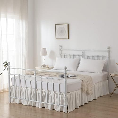 Striped Tufted Bed Skirt Twin Size, Ruffled Bed Skirt with Split Corners, Twin Bed Skirts 18 Inch Drop, Ivory, 18" Twin thumbnail 6