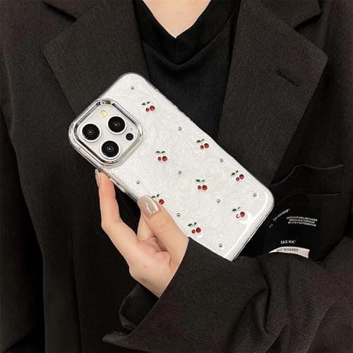 Cute Case for iPhone 15,Red Cherry Pearls with Phone Charm Chain,Pearlized Fruit Case for Women Girls Designed Shockproof thumbnail 6