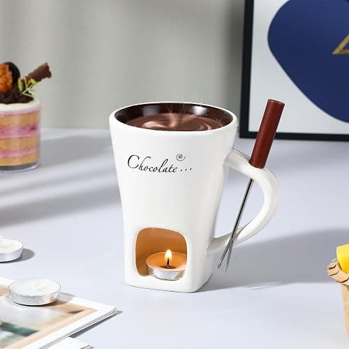 Honeydak Chocolate Fondue Mug with Fork and Candle Sweet Ceramic Personal Chocolate Melting Cup Chocolate Fondue Mug Ideal Gifts for Birthday Date Night Birthday Wedding Gifts (White) thumbnail 2