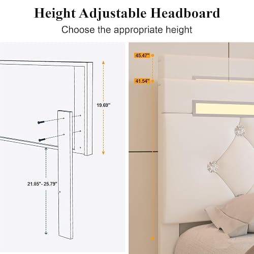 Queen Size Bed Frame with 4 Storage Drawers and LED Light, Upholstered Platform Storage Bed with Adjustable Headboard and Charging Station, Metal Slats Support, No Box Spring Needed, No Noise, White thumbnail 7