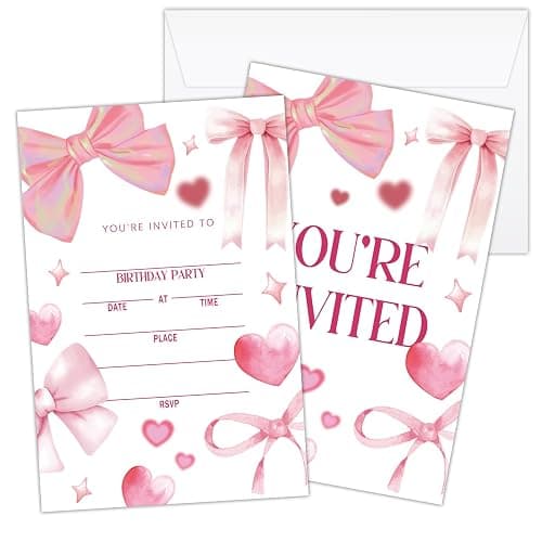 Doreen's Boutique Pink Bow Birthday Invitations for Girls, 20 PCS Double Sided Birthday Party Invitations with Envelopes, 4x6 Inches Coquette Party Invites-11 - Image 1