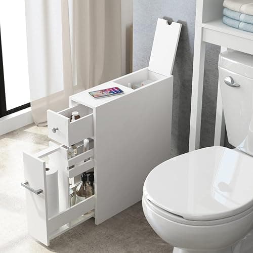 Spirich Slim Bathroom Storage Cabinet, Free Standing Toilet Paper Holder, Bathroom Cabinet Slide Out Drawer Storage, White thumbnail 2