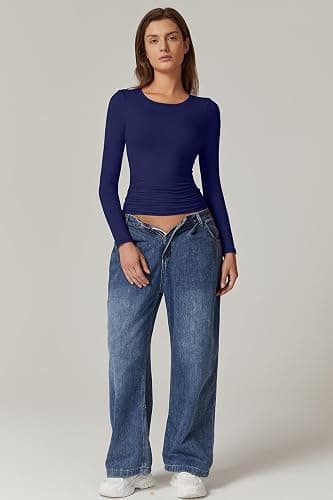 QINSEN Womens Crewneck Long Sleeve Shirt Double Lined Basic Tees Side Ruched Going Out Crop Tops thumbnail 5